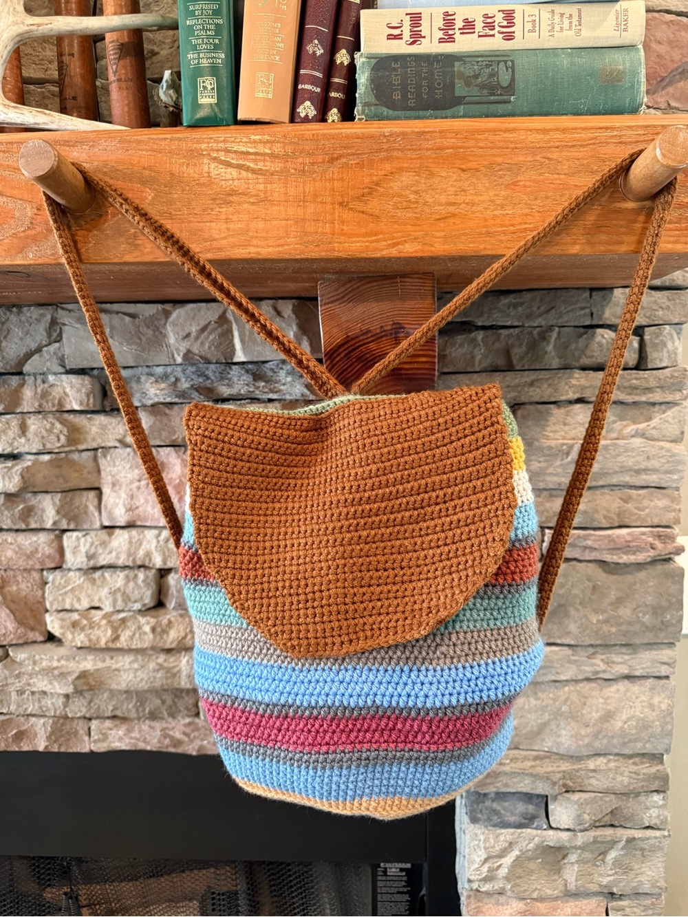 Handmade Crochet Multicolor Stripe Backpack Bag - Brown